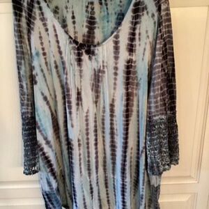New Directions Tie Dye Tunic Sz 1X Crochet Bell Sleeves Hippy Boho
